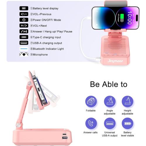 Gifts for Men Women, Phone Stand with Bluetooth Speaker and Charging Function 360° Rotable Angle Adjustable Cell Phone Holder with HD Stereo Sound Fits All Phones,Tablet (Pink)