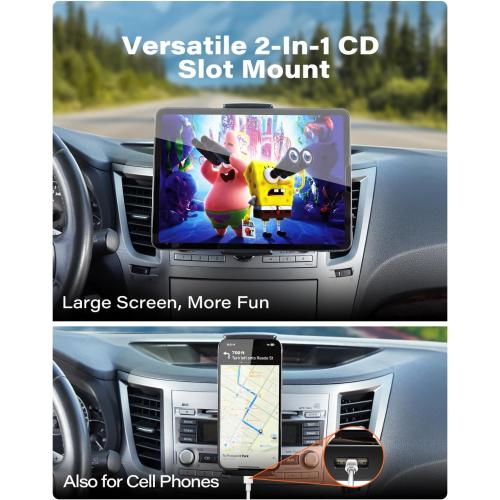 APPS2Car for Sturdy iPad Holder for Car CD Slot Tablet Mount, 2-in-1 Universal 4.7-11 Holder for iPad Pro 11 Air Mini, iPhone, Galaxy Z Fold, Adjustable 360° Rotation, Road Trip Essentials