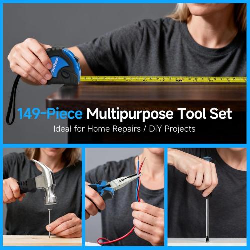 PULITUO Tool Set, 149-Piece Home Drill Set with Blue 12V Cordless Drill, Tool Box, Hand Tool Kits for Women & Men and DIY Enthusiasts, for Home Improvement