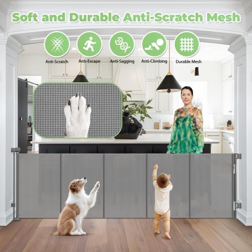 96 Inch Wide Reinforced Retractable Dog Gate with Support Rods - Prevent Crawling Under, Extra Long Retractable Baby Gate Large Dog Gate Indoor/Outdoor Retractable Pet Gate, Gray
