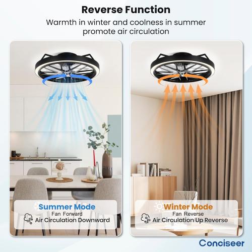 Conciseer Low Profile Ceiling Fan with Lights, 20 Inch Ceiling Fan with Light and Remote for Bedroom Living Room, 36W 3CCT Dimmable, 7 Blades 6 Speed Reversible Quiet DC Motor, LED 36W, Black