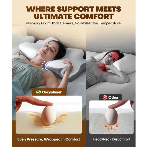 Cozyplayer True Cooling Cervical Neck Pillow for Pain Relief, Ergonomic Side Sleeper Pillow for Neck Support, Odorless Orthopedic Contour Memory Foam Pillows, Bed Pillow for Back Stomach Sleeper
