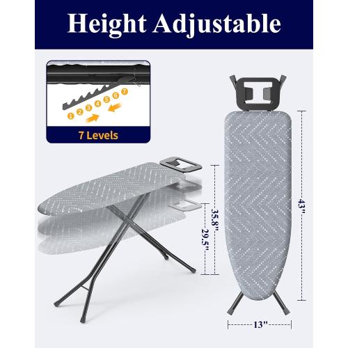 Kitsure Folding Ironing Board - Height Adjustable Iron Board in Full Size, Wobble-Free & Heavy-Duty Ironing Board with Cover and Pad for Heat Resistance, Grey, 43 L x 13 W x 35.8 H