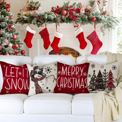 RABUSOFA Christmas Pillow Covers 18x18 Inch Set of 4 with 8 Design Double-Sided, Let It Snow Snowman Joy Stripes Gift Box Red Xmas Tree Winter Holiday Throw Cushion Case Decorations for Sofa Couch