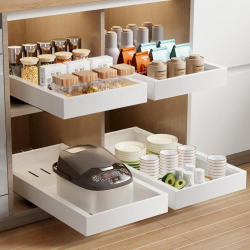 2 Pack Pull Out Cabinet Organizer, 21.8 Deep Slide Out Drawer for Cabinets Adhesive Pull Out Drawers Heavy Duty Pull Out Shelves for Kitchen, Cupboard, Pantry, Bathroom-White