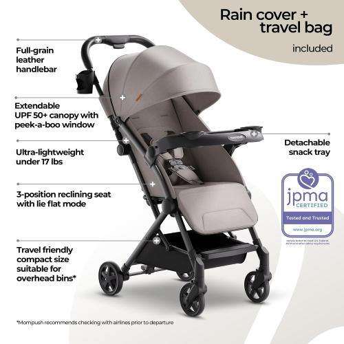 Mompush Lithe V2 Lightweight Travel Stroller, Compact Foldable Baby Stroller with Travel Bag, One-Hand Fold Stroller, Snack Tray, Mechanical Recline Seat, Airplane-Ready, UPF 50  Canopy & Rain Cover
