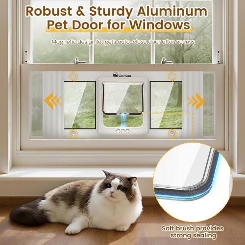 Cat Door for Window, Quick Installation Adjustable Width of 23-28, Cat Window Door with 4 Locking Modes, Magnetic Closure Design, Weatherproof Aluminum Frame Cat Door Window Insert