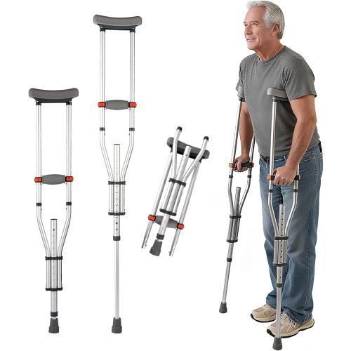 Aluminum Underarm Crutches for Adults & Seniors, Adjustable Height 38.2-61.8 in (16 Levels), Lightweight 2.0 lb Each, 300 lb per Pair, Non-Slip Tips, Tool-Free Setup, Push-Pin Locking