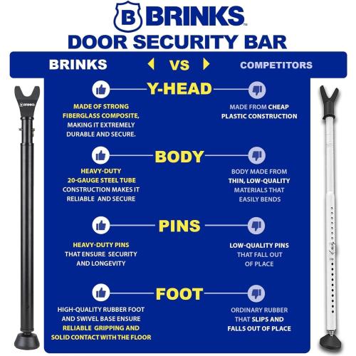 BRINKS Door Security Bar - Adjustable Brinks Door Security Bar for Travel, School, Dorm and Home - Door Jammer for Hinged Doors and Sliding Door Security – Black