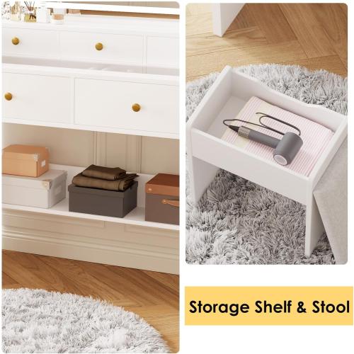 Makeup Vanity Desk Set with LED Lighted Mirror Glass Top Dressing Table & Stool, 5 Storage Drawers, Power Outlet, Hair Rack Stepless Dimmable Lights (3 Color Modes), White (the mirror is broken; see the picture) (NO TEST)