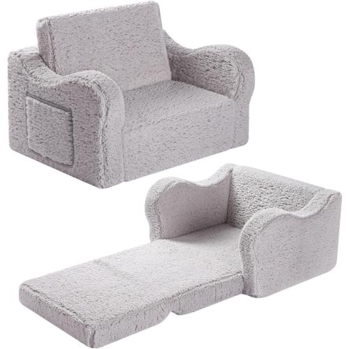 Color grey Kids Sofa, 2-in-1 Flip-Out Foam Couch with Soft Sherpa Cover, Cozy Play Lounge Chair, Grey