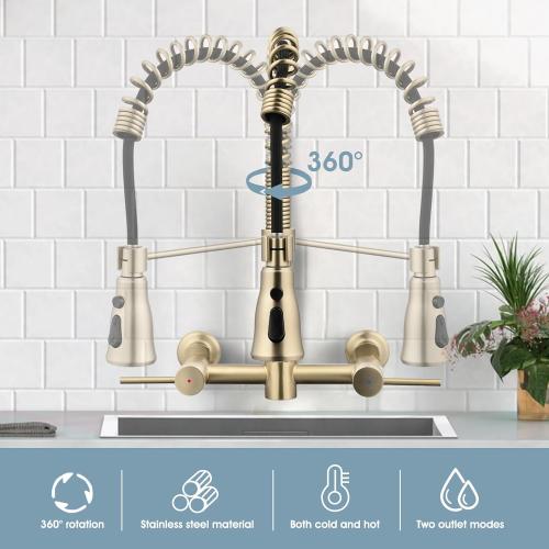 Wall Mount Kitchen Faucet, 8 Inch Center Commercial Sink Faucet with Pull Down Sprayer, 2 Handle Wall Mount Faucet for Kitchen Sink, Brushed Golden
