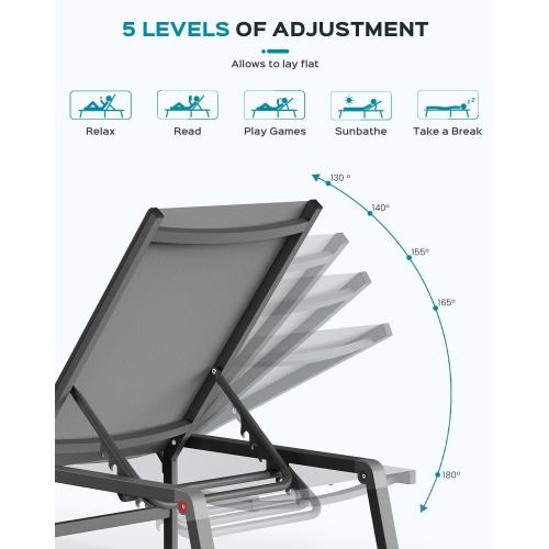 Aluminum Chaise Lounge Ourdoor - Foldable & Assemble Free Outdoor Lounge Chair with 5 Adjustable Backrest, Patio Lounge Chair for Outside Poolside Beach Pool, Grey