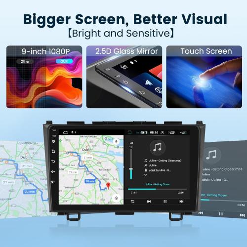 BLACK 9INCH 2 64G for Honda CRV 2007-2011 Android Car Stereo with Wireless Carplay/Android Auto, 9 Inch Touchscreen Bluetooth Car Radio Support WiFi GPS Navigation USB FM/RDS SWC HiFi Audio Backup Camera