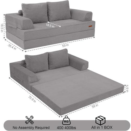 COMAX Convertible Sofa Bed Queen, Folding Floor Couch Corduroy Fold Out Couch Bed Futon Sleeper Mattress with Pillows, Boneless Sofa Comfy Lounge Loveseat for Living Room Bedroom, Light Grey