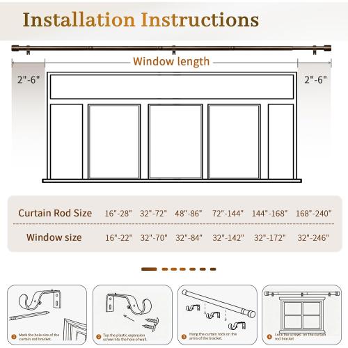Curtain Rods for Windows 48 to 84, Bronze Curtain Rod, 1 Inch Heavy Duty Decorative Drapery Rods with Adjustable Length for Living Room, Bedroom, Outdoor/Indoor