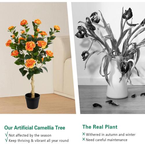 3FT Artificial Camellia Tree, 2 Pack Fake Camellia Tree Artificial Tree, Faux Floral Plants in Cement Pot, Greenery Potted Plant for Indoor Outdoor Home Office Porch Decor (Orange)