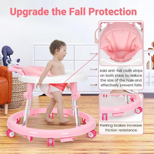 Pink Baby Walker Foldable with 9 Adjustable Heights, Baby Walker with Wheels Portable, Infant Toddler Walker for Baby Boy Girls 6-18 Months (Pink)