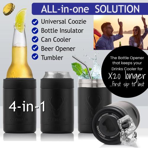 OAKMANN Stainless Steel Beer Cooler With Bottle Opener, Vacuum Insulated Can Cooler 12 oz for Bottles Cans, 4-in-1 Universal Insulator Coozy for Bottles Cans, Best Beer Gifts for Men (Black)
