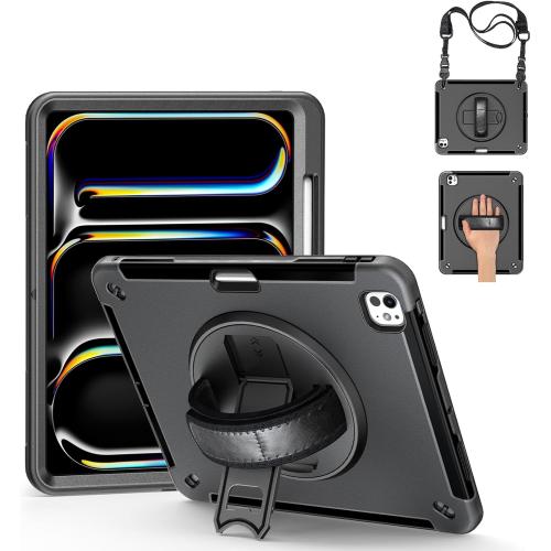 Junfire Protective Case for iPad Pro 13 inch M5 2025 / M4 2024, Shockproof Rugged Case with 360°Rotating Kickstand/Hand Strap/Shoulder Strap/Stylus Holder for A2925, A2926, A3007-Black