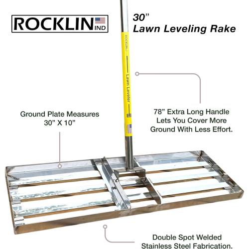 Rocklin™ Lawn Leveling Rake | Levelawn Tool | Level Soil or Dirt Ground Surfaces Easily | 30” x 10” Ground Plate | 78” Extra Long Handle | Stainless Steel