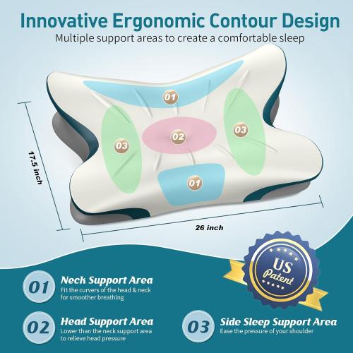 White, Blue, and Grey 26x17.5 Cervical Pillow for Neck Pain Relief - Ergonomic Neck Pillow for Sleeping Contour Memory Foam Pillows with Cooling Pillowcase, Orthopedic Bed Pillow for Side Back Stomach Sleepers