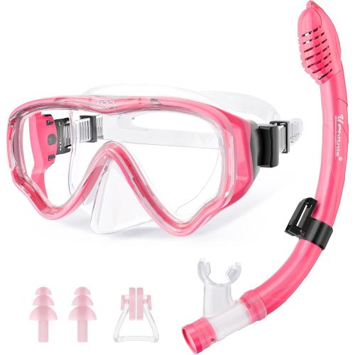 Color Pink  Kids Snorkel Set for Age 4-14 - Dry Top Snorkeling Gear for Kids Junior & Youth - Childs Diving Mask with Big Eyes for Boys Girls - Anti-Fog Snorkeling Mask and Snorkel Set