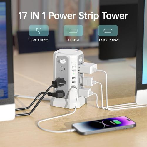 Surge Protector Power Strip Tower with PD18W USB C Port,10FT Extension Cord with 12 AC Mutiple Outlets 5 USB Charging Ports, PASSUS Power Tower Surge Protection for Home Office Dorm Room