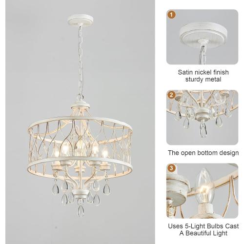 Modern Crystal Chandelier, 5-Light Farmhouse White Chandelier for Dining Room Vintage Hanging Pendant Light Fixtures Round Chandelier for Kitchen Island Entryway Foyer Bedroom Office Bar