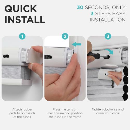 Joydeco No Tools No Drill Window Blinds for Indoor Windows, Blackout Shades Cellular Shades Cordless, No Drill Blinds for Windows, Window Shades for Home, Bedrooms, Doors (White, 33 W x 64 H)