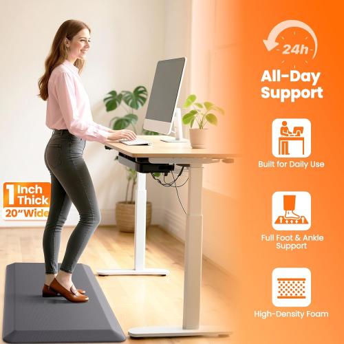 1-Inch Thick Anti-Fatigue Mat for Kitchen and Standing Desk, 20x39, Grey | Extra-thick cushioning, water-resistant surface, stain-resistant, easy to clean, non-slip bottom, kitchen floor, office