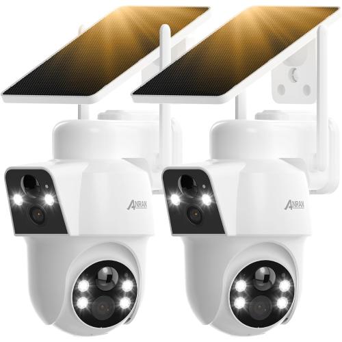 ANRAN 2 Pack Dual-Lens Solar Security Camera Wireless Outdoor - 3MP Fixed Wide-Angle   PTZ 360° View, Home Security Camera with Color Night Vision, 2-Way Talk, PIR Motion Detection, 100% Wire-Free