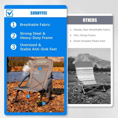 SUNNYFEEL Folding Low Camping Beach Chair 2 Pack, Lightweight Portable Lawn Chair with Mesh Back, Cup Holder for Outdoor/Travel/Picnic/Concert, Foldable Camp Backpack Chair with Carry Bag
