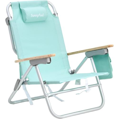 SUNNYFEEL Low Back Folding Beach Chair, Aluminum Heavy Duty Beach Chair with 5-Position, Portable Camping Chair for Adults with Wood Armrest, Lightweight Camping Chair 300lbs, Green