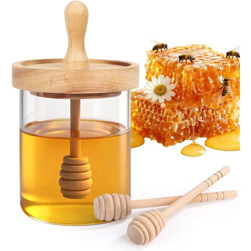 12 Oz Honey Jar with 2 Wooden Dippers and Lid,Honey Pot Dispenser,Clear Glass Honey Container for Home Kitchen,Store Honey and Syrup,Easy to Clean