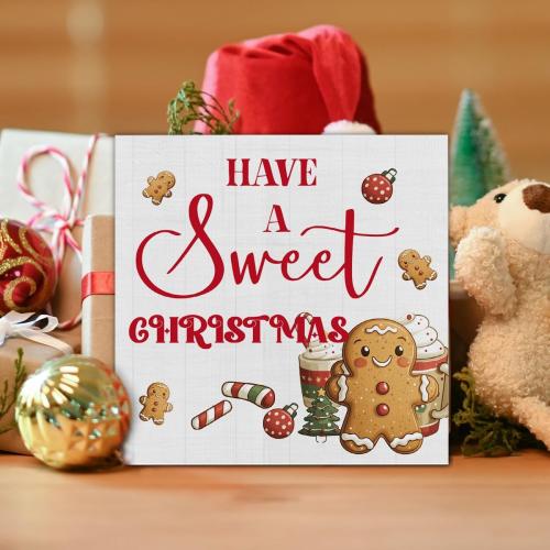 Farmhouse Christmas Wooden Block Sign - Gingerbread Decor for Table or Shelf - 5 x 5 Inch