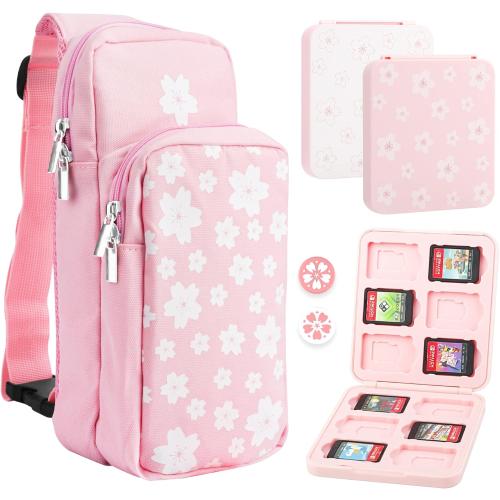 FUNDIARY Pink Carrying Travel Bag for Switch 2/Switch/OLED/Lite with Sakura Design, Portable Accessories with Pink Sakura Shoulder Bag Crossbody Backpack, 12 Game Case Holder and 2 Thumb Caps