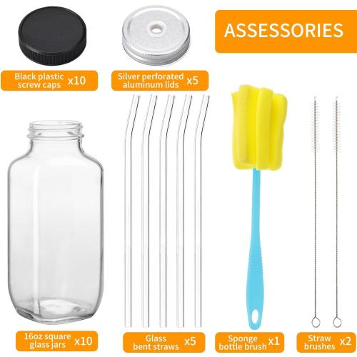 CUCUMI 10pcs 16oz Glass Juice Bottles with Lids, Reusable Juice Containers Drinking Jars Water Cups with Brush, Glass Straws, Lids with Hole | 10pcs