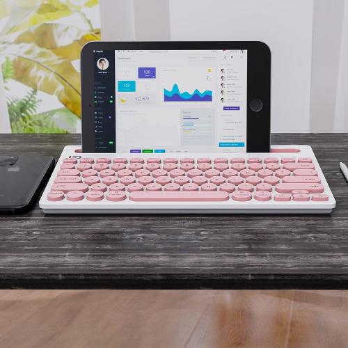 Wireless Keyboard Bluetooth Multi-Device Portable with Integrated Stand Phone Holder - Works with PC, Android and iOS Tablets and Smartphones, Pink