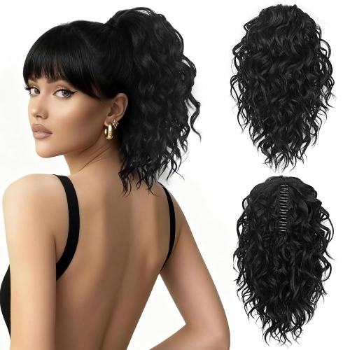 Clip on Ponytails for Women - 12 Inch Curly Black Ponytail Extension, Curly Pony Tails Hair Extensions, Synthetic Hair Extensions Ponytail, Natural Hair Pieces for Women (Color: Black)