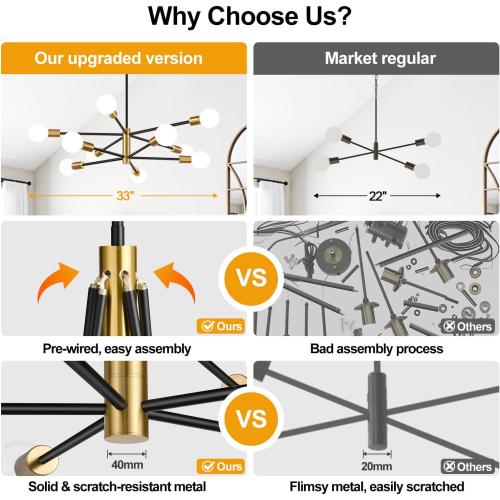 32 Modern Chandelier Ceiling Light Fixture, 10-Light Sputnik Chandeliers Brushed Gold and Black Dining Room Light Fixture, Height Adjustable Chandeliers for Dining Room Living (Bulbs Not Included)