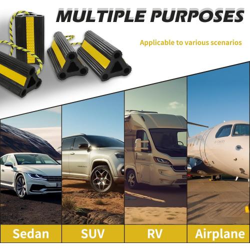 Wheel Chocks for RV Trailer Travel Camper Truck Car, Sturdy Heavy Duty Simple Easy to Use, Rubber Tires Block Stopper Chock with Rope and Yellow Reflective Tape Trailer RV Accessary(2set4pack)