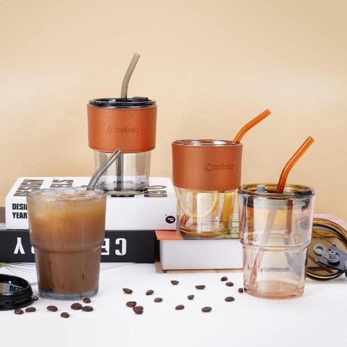Iced Coffee Cup, 15 oz Glass Cups With Lids And Straws, Iced Coffee Glasses Tumbler, Thick Wall Mug For Tea Water With 2 Straw And Leather Sleeve, Glass Tumbler Gifts