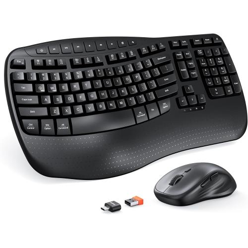 Black MEETION New Ergonomic Keyboard and Mouse Wireless Combo, Wave Keys Natural Typing, 2.4G Wireless Keyboard with Wrist Rest, 4 Adjustable DPI Optical Mouse, Computer/Laptop/Windows/Mac, Black
