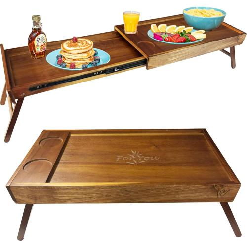 Breakfast Bed Table Tray for Two - One Piece, Dual Use Couple Bed Tray with Cup recesses - Food Trays for Eating on Couch, Space Saving Breakfast Table - Gift Ready - Acacia Wood