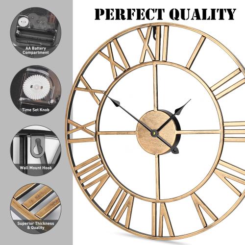 Large Wall Clock, 24-Inch(60CM) Roman Numeral Decorative Art Wall Clock,Completely Silent, Non Ticking, Battery-Operated Metal for Living Room, Bedroom and Kitchen-Copper Gold