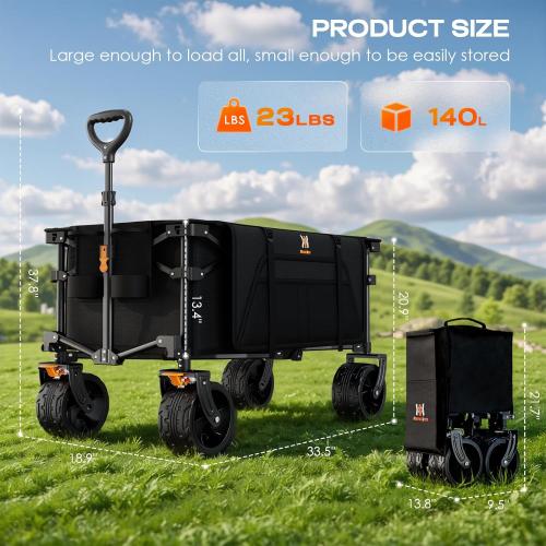 Navatiee Big Wheels Collapsible Wagon Cart Foldable, Heavy Duty Beach Wagon with Silent All-Terrain Wheels, Folding Utility Grocery Cart with Side Pocket and Brakes for Camping Garden Sports, Black