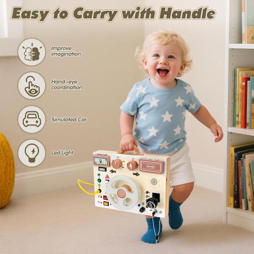 Joyreal Toddler Busy Board with LED Lights, Steering Wheel, Sounds, Montessori Toys for 1  Year Old, Fidget Board Sensory Travel Toy, Gifts for Boys and Girls