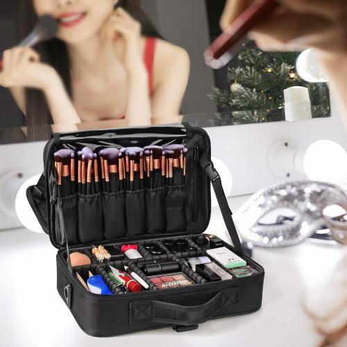 Relavel Travel Makeup Train Case Makeup Cosmetic Case Organizer Portable Artist Storage Bag with Adjustable Dividers for Cosmetics Makeup Brushes Toiletry (medium black)