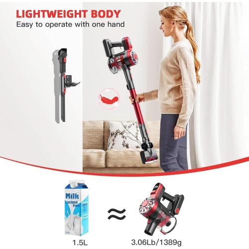 WLOTPO Vacuum Cleaners for Home,Cordless Vacuum Cleaner,Lightweight Stick Vacuum Cordless Rechargeable,Self-Standing Design,LED Touch Screen,Vacuum for Hardwood Floors,Carpet,Pet Hair(Dark Red)